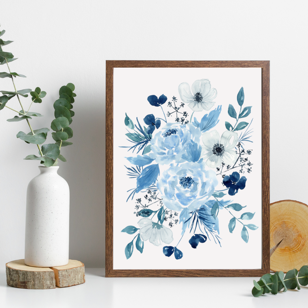 "Blue Monochrome Florals" Print
